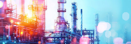 The intricate metalwork of piping and distillation columns at an oil refinery, showcasing industrial efficiency and engineeringの素材