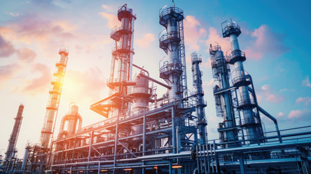 The intricate metalwork of piping and distillation columns at an oil refinery, showcasing industrial efficiency and engineeringの素材