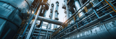 The intricate metalwork of piping and distillation columns at an oil refinery, showcasing industrial efficiency and engineeringの素材