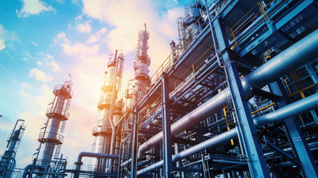 The intricate metalwork of piping and distillation columns at an oil refinery, showcasing industrial efficiency and engineeringの素材