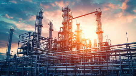 The intricate metalwork of piping and distillation columns at an oil refinery, showcasing industrial efficiency and engineeringの素材