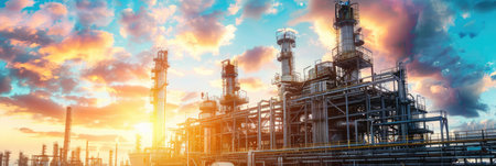 The intricate metalwork of piping and distillation columns at an oil refinery, showcasing industrial efficiency and engineeringの素材