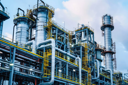 The intricate metalwork of piping and distillation columns at an oil refinery, showcasing industrial efficiency and engineeringの素材