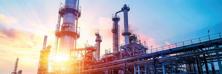 The intricate metalwork of piping and distillation columns at an oil refinery, showcasing industrial efficiency and engineeringの素材