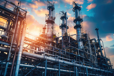 The intricate metalwork of piping and distillation columns at an oil refinery, showcasing industrial efficiency and engineeringの素材