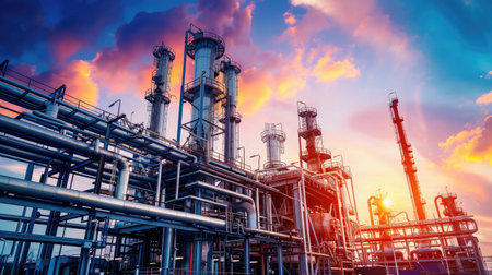 The intricate metalwork of piping and distillation columns at an oil refinery, showcasing industrial efficiency and engineeringの素材