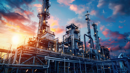 The intricate metalwork of piping and distillation columns at an oil refinery, showcasing industrial efficiency and engineeringの素材