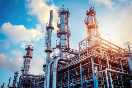 The intricate metalwork of piping and distillation columns at an oil refinery, showcasing industrial efficiency and engineeringの素材