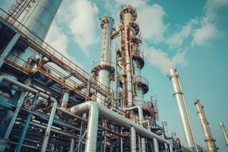 The intricate metalwork of piping and distillation columns at an oil refinery, showcasing industrial efficiency and engineeringの素材