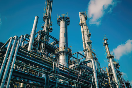The intricate metalwork of piping and distillation columns at an oil refinery, showcasing industrial efficiency and engineeringの素材