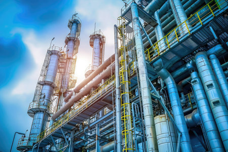 The intricate metalwork of piping and distillation columns at an oil refinery, showcasing industrial efficiency and engineeringの素材