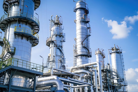 The intricate metalwork of piping and distillation columns at an oil refinery, showcasing industrial efficiency and engineeringの素材