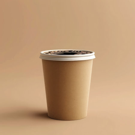 Takeaway paper coffee cup filled with black coffee, casting a soft shadow on a beige surface with natural lightの素材