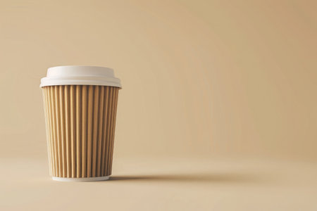 Takeaway paper coffee cup filled with black coffee, casting a soft shadow on a beige surface with natural lightの素材