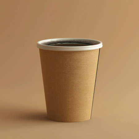 Takeaway paper coffee cup filled with black coffee, casting a soft shadow on a beige surface with natural lightの素材