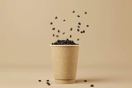Takeaway paper coffee cup filled with black coffee, casting a soft shadow on a beige surface with natural lightの素材