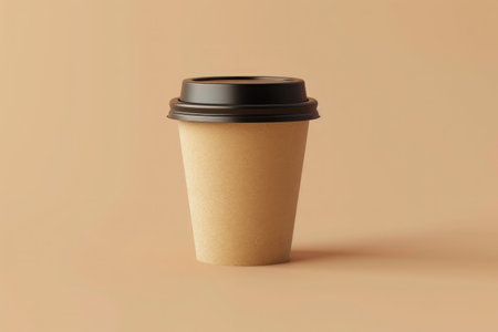 Takeaway paper coffee cup filled with black coffee, casting a soft shadow on a beige surface with natural lightの素材