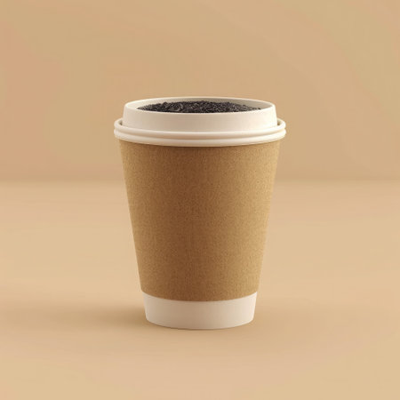 Takeaway paper coffee cup filled with black coffee, casting a soft shadow on a beige surface with natural lightの素材