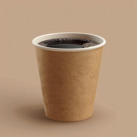 Takeaway paper coffee cup filled with black coffee, casting a soft shadow on a beige surface with natural lightの素材