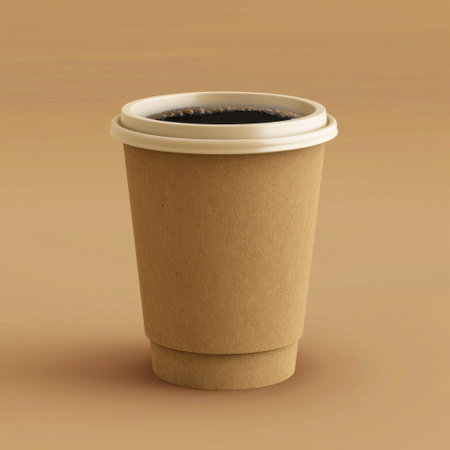 Takeaway paper coffee cup filled with black coffee, casting a soft shadow on a beige surface with natural lightの素材
