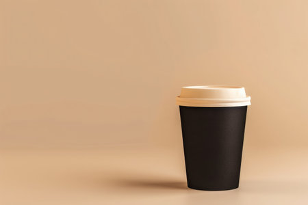 Takeaway paper coffee cup filled with black coffee, casting a soft shadow on a beige surface with natural lightの素材