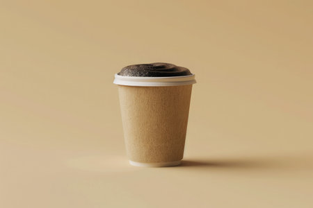 Takeaway paper coffee cup filled with black coffee, casting a soft shadow on a beige surface with natural lightの素材