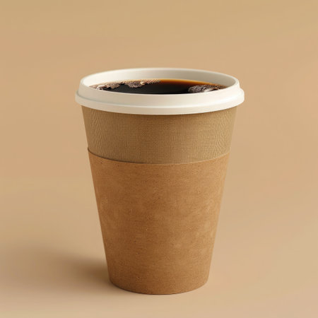 Takeaway paper coffee cup filled with black coffee, casting a soft shadow on a beige surface with natural lightの素材
