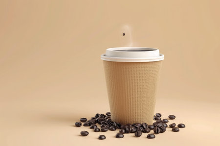 Takeaway paper coffee cup filled with black coffee, casting a soft shadow on a beige surface with natural lightの素材