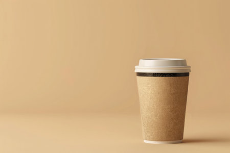 Takeaway paper coffee cup filled with black coffee, casting a soft shadow on a beige surface with natural lightの素材