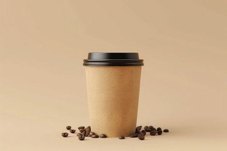 Takeaway paper coffee cup filled with black coffee, casting a soft shadow on a beige surface with natural lightの素材