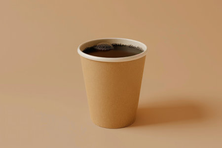Takeaway paper coffee cup filled with black coffee, casting a soft shadow on a beige surface with natural lightの素材