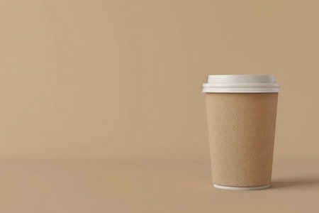 Takeaway paper coffee cup filled with black coffee, casting a soft shadow on a beige surface with natural lightの素材