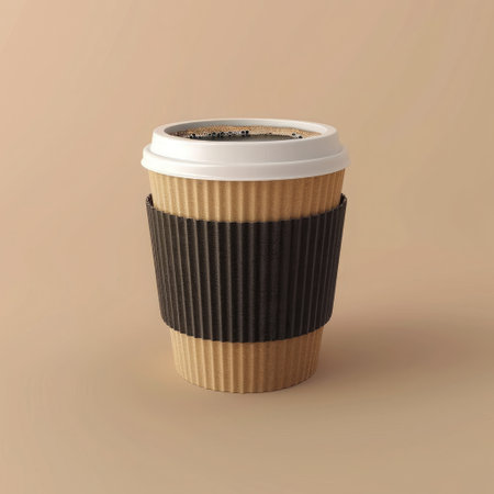 Takeaway paper coffee cup filled with black coffee, casting a soft shadow on a beige surface with natural lightの素材
