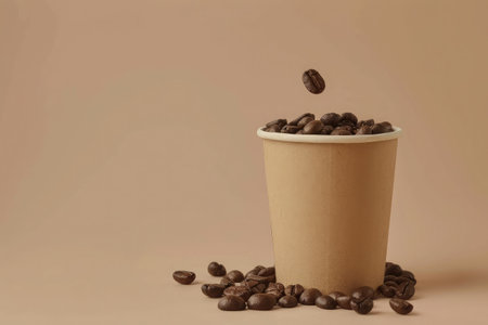 Takeaway paper coffee cup filled with black coffee, casting a soft shadow on a beige surface with natural lightの素材