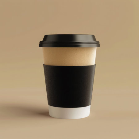 Takeaway paper coffee cup filled with black coffee, casting a soft shadow on a beige surface with natural lightの素材
