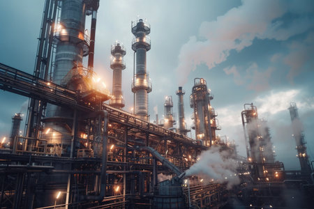 The intricate metalwork of piping and distillation columns at an oil refinery, showcasing industrial efficiency and engineeringの素材