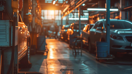 Interior of a car repair workshop with focus on bright ceiling lights and vehicle service equipment.の素材