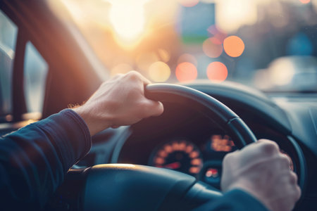 View from the driver's seat capturing hands on the steering wheel with the glow of a sunset during a commuteの素材