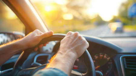 View from the driver's seat capturing hands on the steering wheel with the glow of a sunset during a commuteの素材