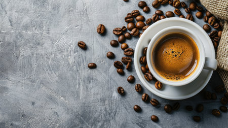 Top view of a freshly brewed espresso in a white cup with scattered coffee beans on a gray surface.の素材