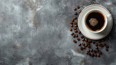 Top view of a freshly brewed espresso in a white cup with scattered coffee beans on a gray surface.の素材