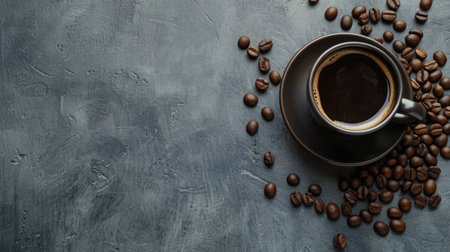 Top view of a freshly brewed espresso in a white cup with scattered coffee beans on a gray surface.の素材