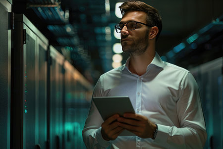 Focused network engineer with tablet troubleshooting in a modern data center server room.の素材