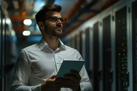 Focused network engineer with tablet troubleshooting in a modern data center server room.の素材
