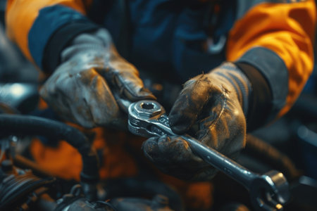 mechanic hands using a wrench to service a car engine, focused on maintenance work in a garageの素材
