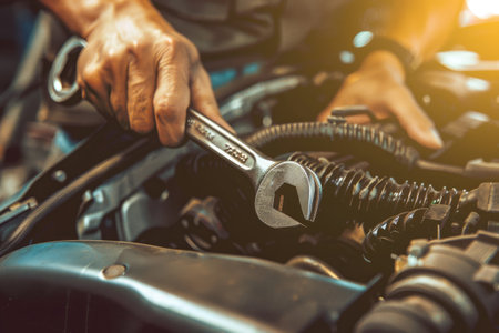 mechanic hands using a wrench to service a car engine, focused on maintenance work in a garageの素材