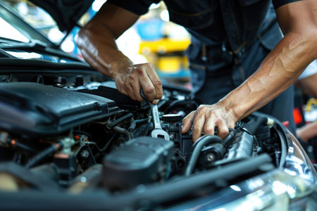 mechanic hands using a wrench to service a car engine, focused on maintenance work in a garageの素材