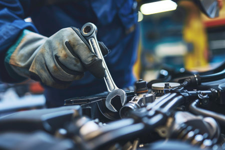 mechanic hands using a wrench to service a car engine, focused on maintenance work in a garageの素材