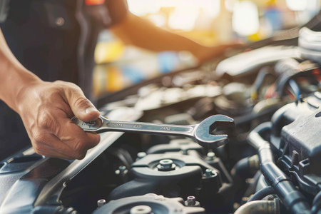 mechanic hands using a wrench to service a car engine, focused on maintenance work in a garageの素材
