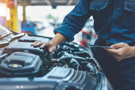 mechanic hands using a wrench to service a car engine, focused on maintenance work in a garageの素材